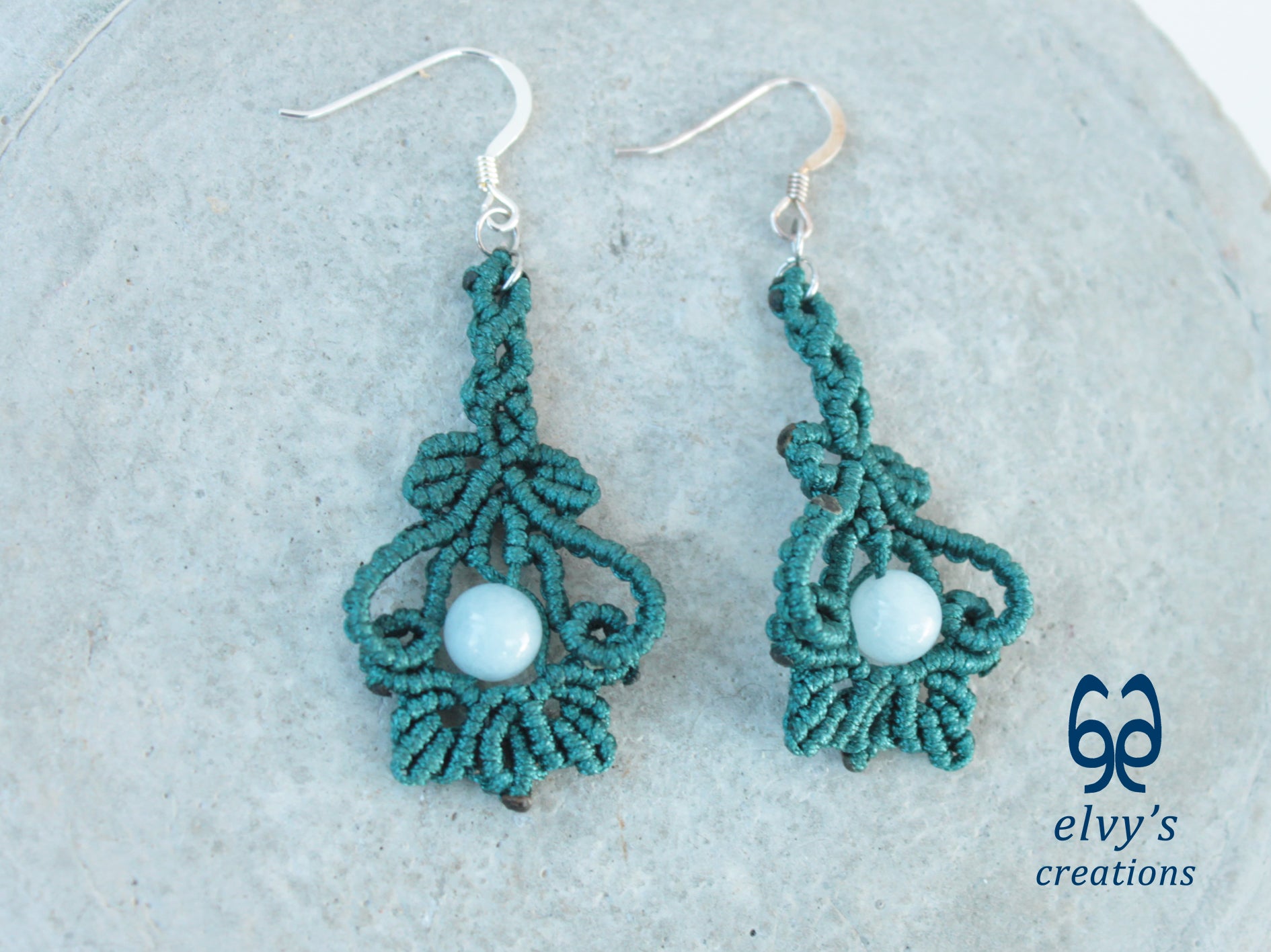 Handmade Emerald Green Macrame Earrings with Aquamarine Gemstones 