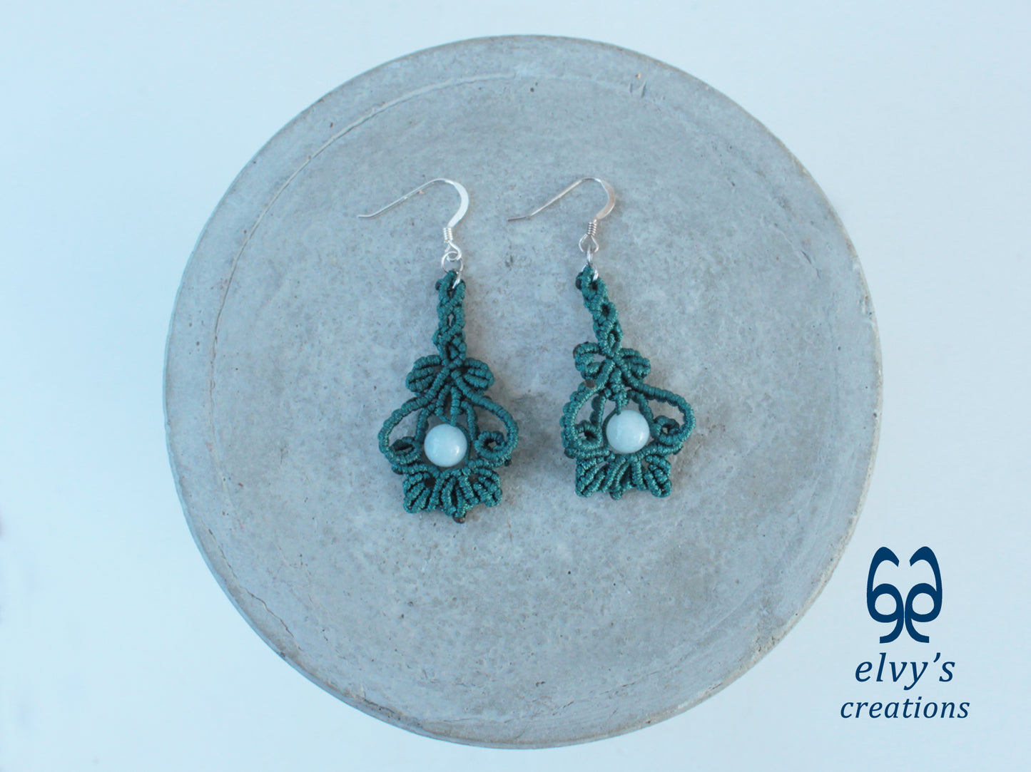Handmade Emerald Green Macrame Earrings with Aquamarine Gemstones 