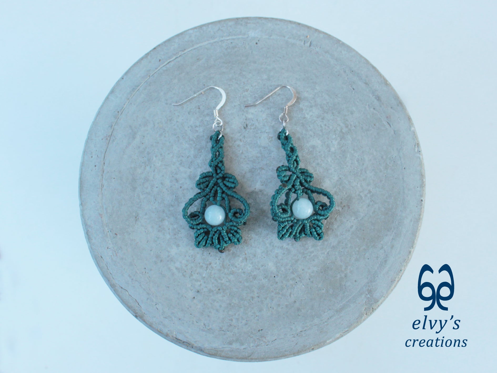 Handmade Emerald Green Macrame Earrings with Aquamarine Gemstones 
