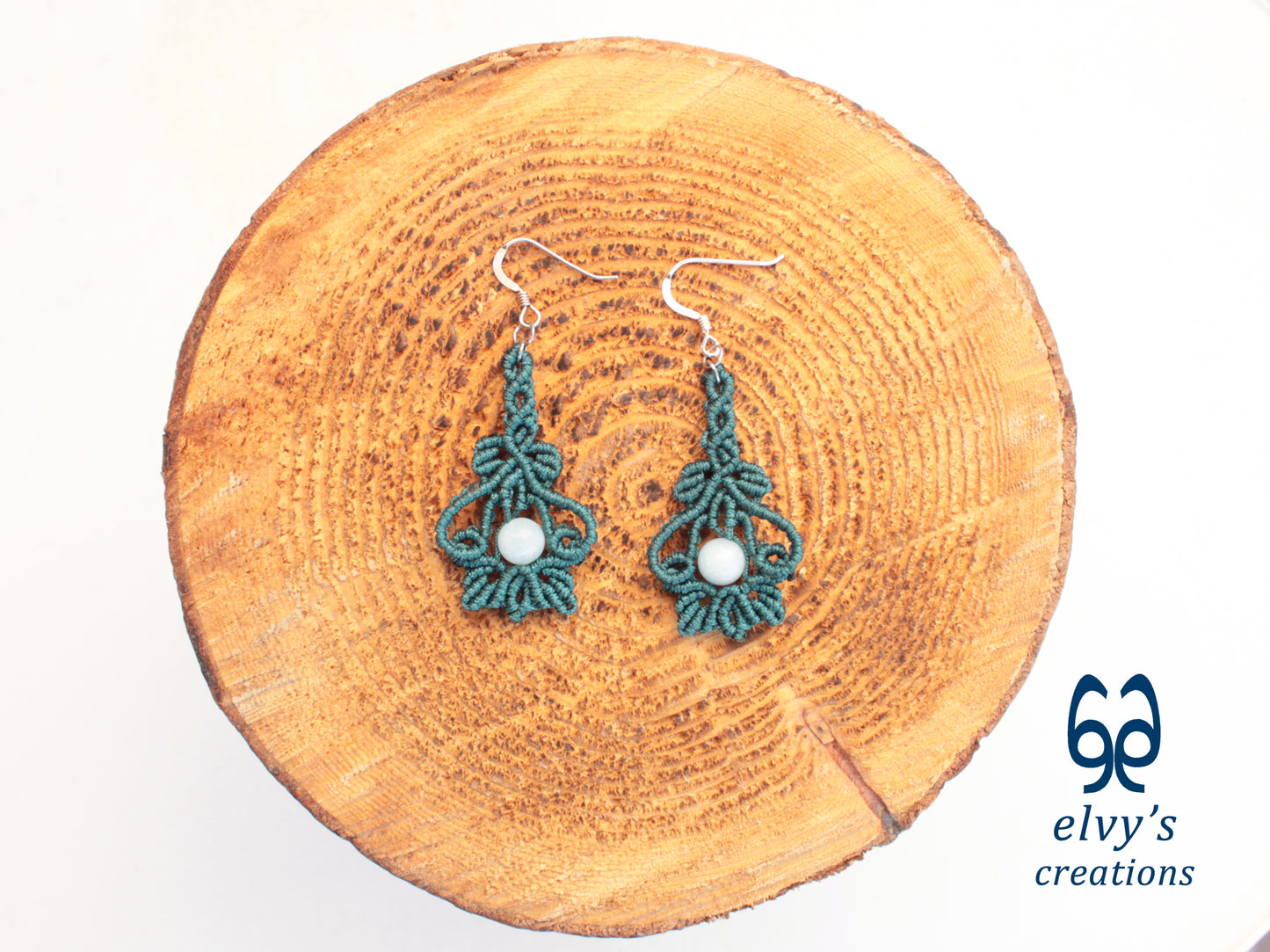 Handmade Emerald Green Macrame Earrings with Aquamarine Gemstones 