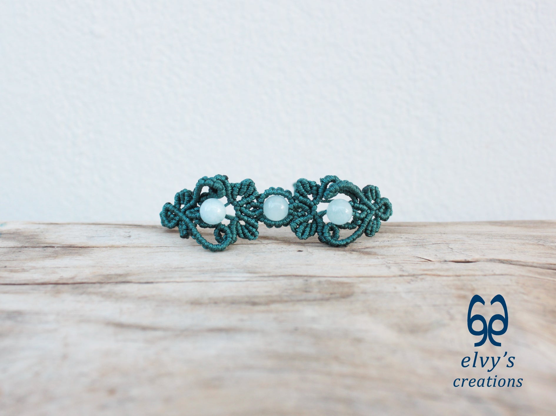 Handmade Green Macrame Bracelet with Aquamarine Gemstones Cuff Bracelet