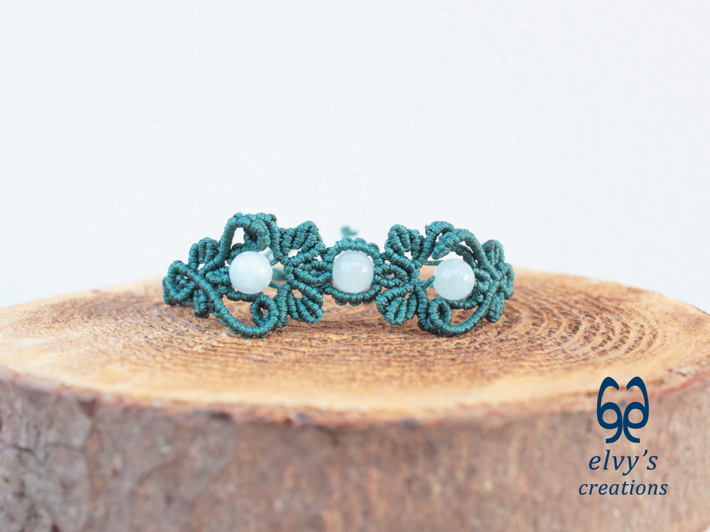 Handmade Green Macrame Bracelet with Aquamarine Gemstones Cuff Bracelet