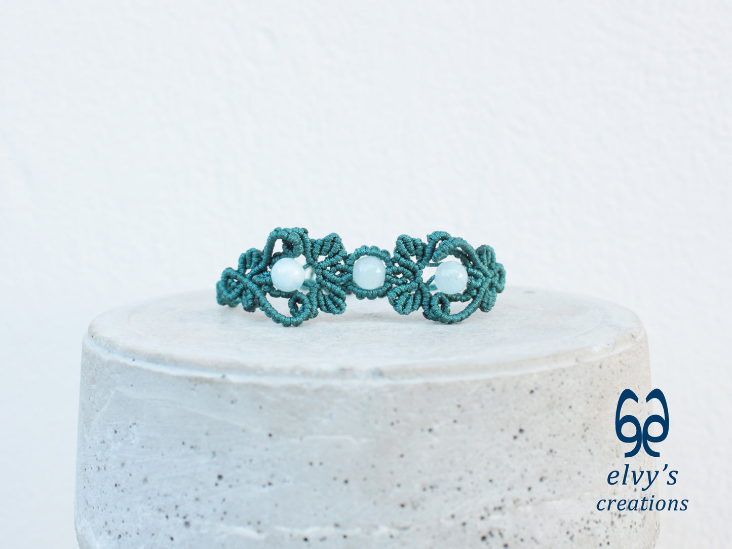 Handmade Green Macrame Bracelet with Aquamarine Gemstones Cuff Bracelet