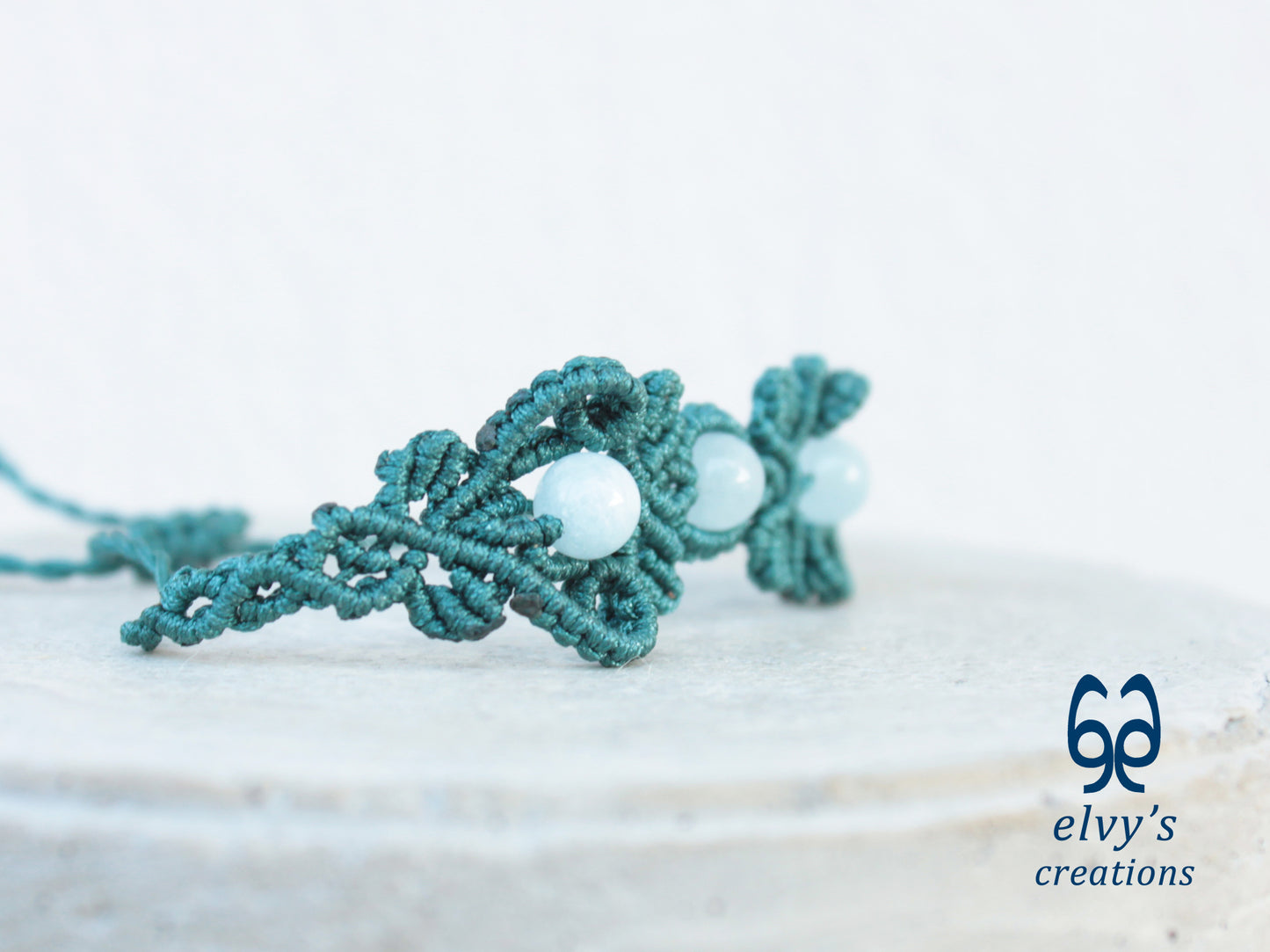 Handmade Green Macrame Bracelet with Aquamarine Gemstones Cuff Bracelet
