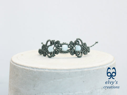 Handmade Green Macrame Bracelet with Aquamarine Gemstones Cuff Bracelet