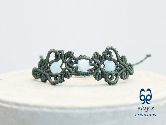 Handmade Green Macrame Bracelet with Aquamarine Gemstones Cuff Bracelet