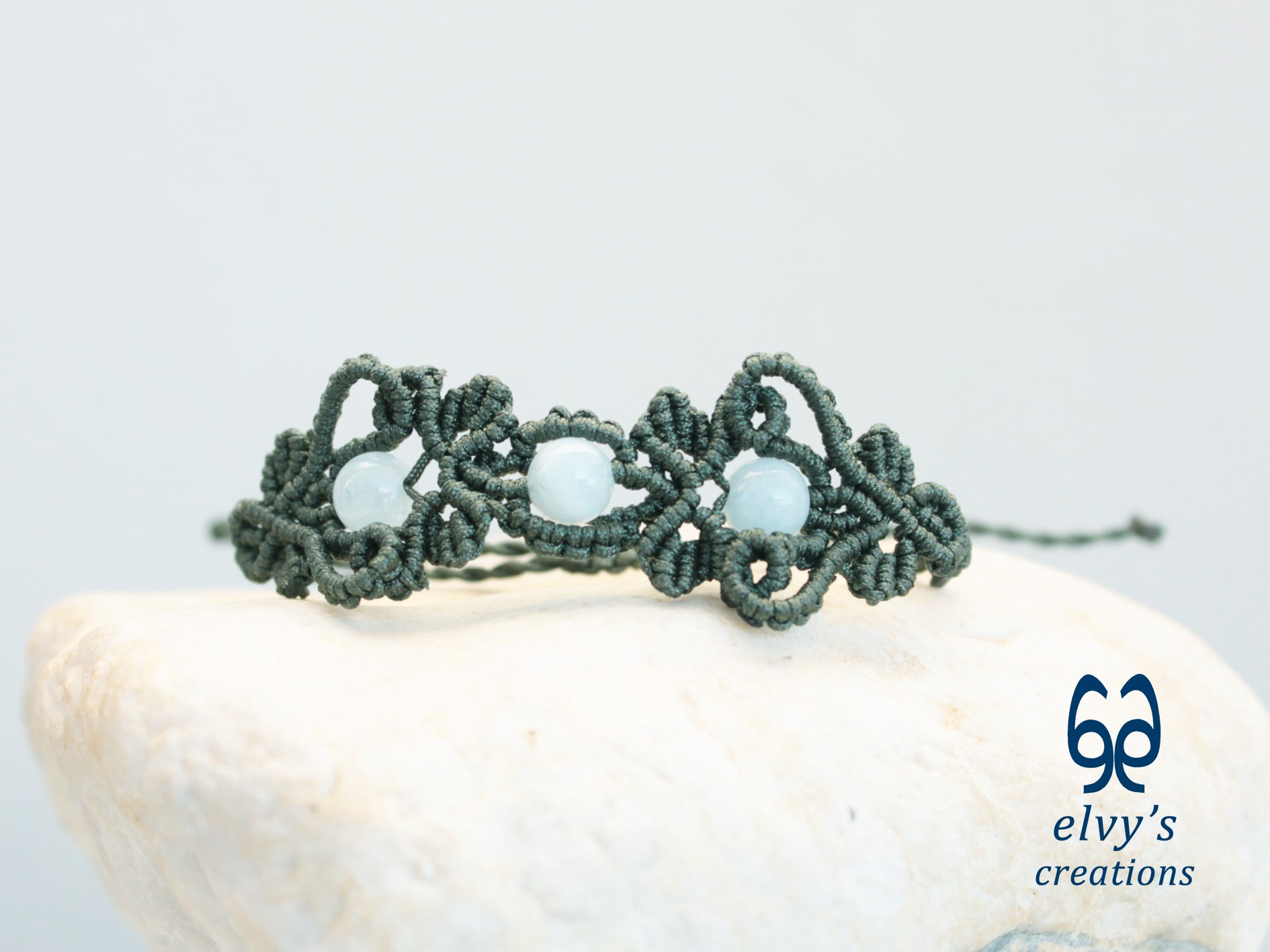 Handmade Green Macrame Bracelet with Aquamarine Gemstones Cuff Bracelet