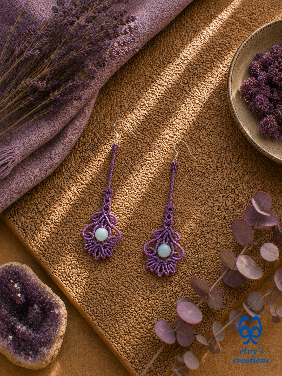 Handmade Purple Macrame Silver Earrings with Aquamarine Gemstone