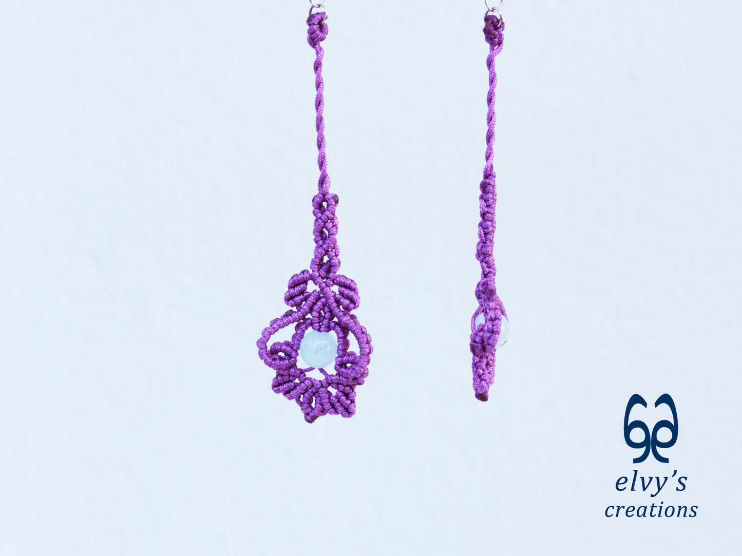 Handmade Purple Macrame Silver Earrings with Aquamarine Gemstone