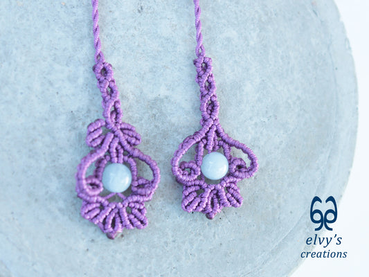 Handmade Purple Macrame Silver Earrings with Aquamarine Gemstone