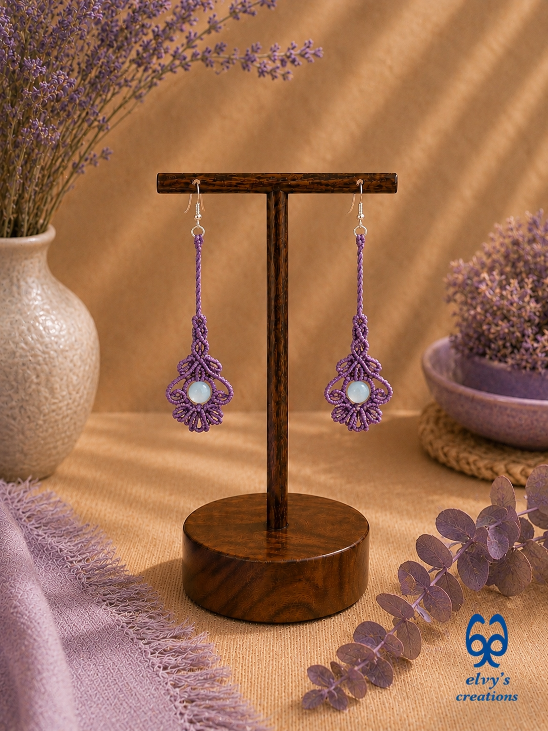 Handmade Purple Macrame Silver Earrings with Aquamarine Gemstone