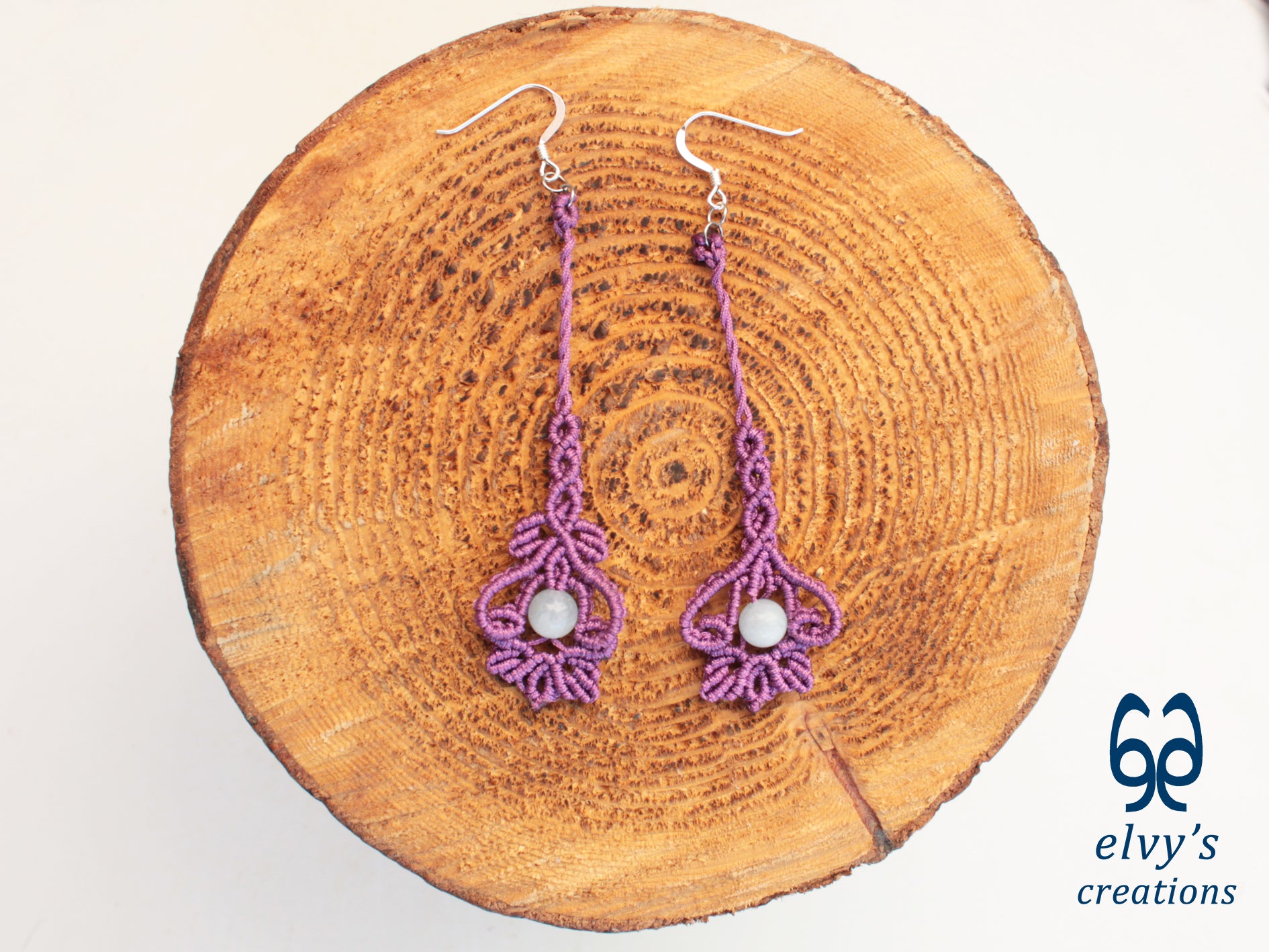 Handmade Purple Macrame Silver Earrings with Aquamarine Gemstone