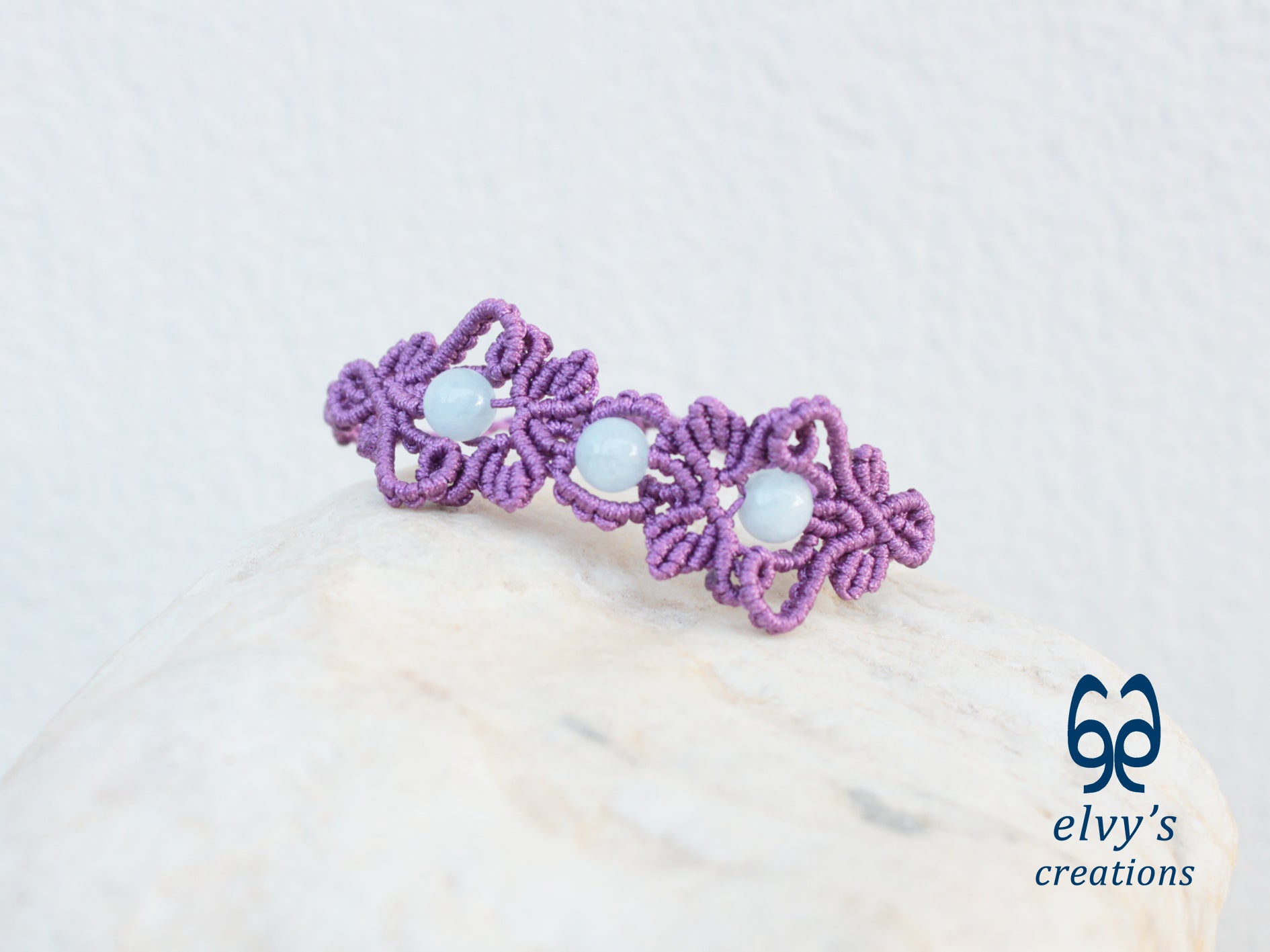 Handmade Purple Macrame Bracelet with Aquamarine Gemstones Cuff Bracelet
