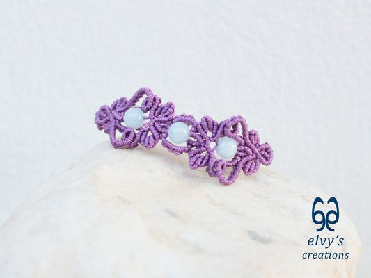 Handmade Purple Macrame Bracelet with Aquamarine Gemstones Cuff Bracelet