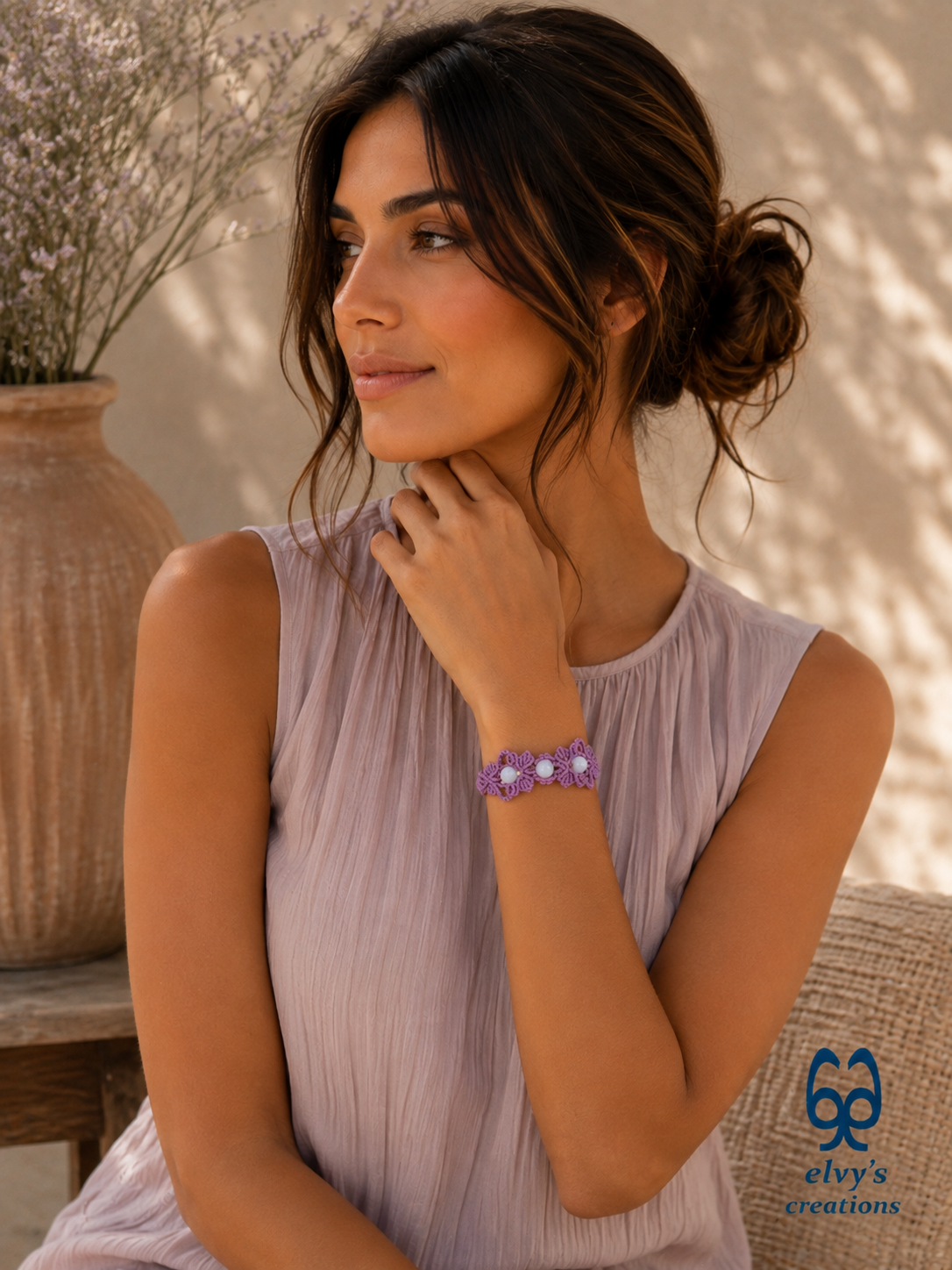 Handmade Purple Macrame Bracelet with Aquamarine Gemstones Cuff Bracelet