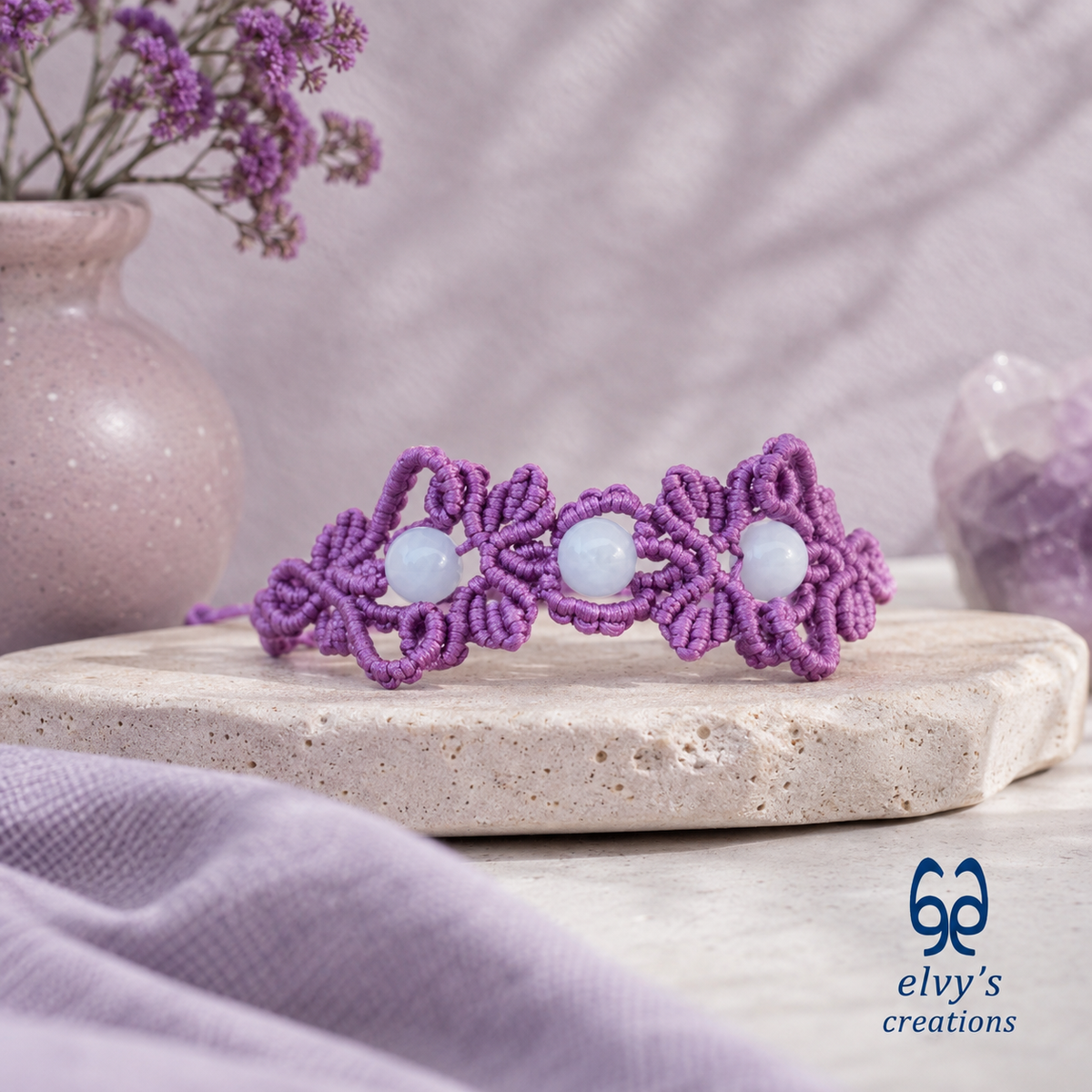 Handmade Purple Macrame Bracelet with Aquamarine Gemstones Cuff Bracelet