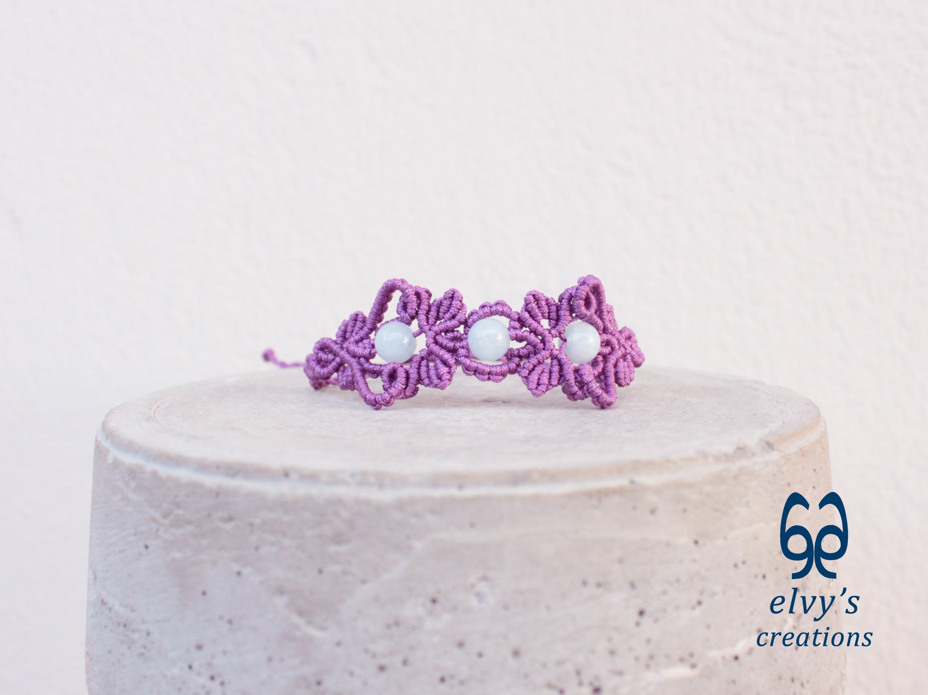 Handmade Purple Macrame Bracelet with Aquamarine Gemstones Cuff Bracelet