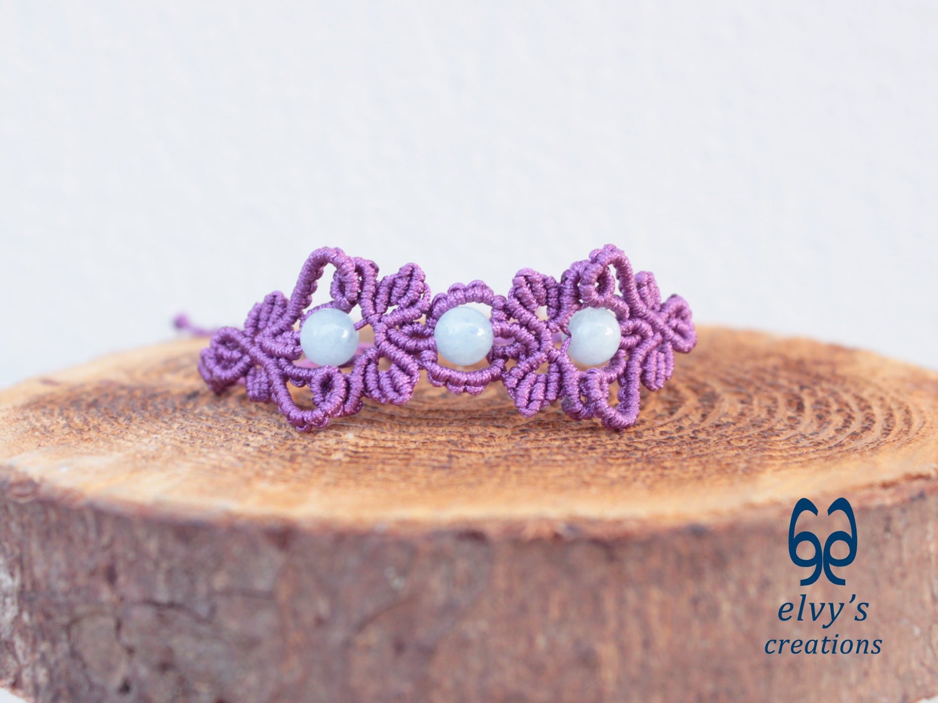 Handmade Purple Macrame Bracelet with Aquamarine Gemstones Cuff Bracelet