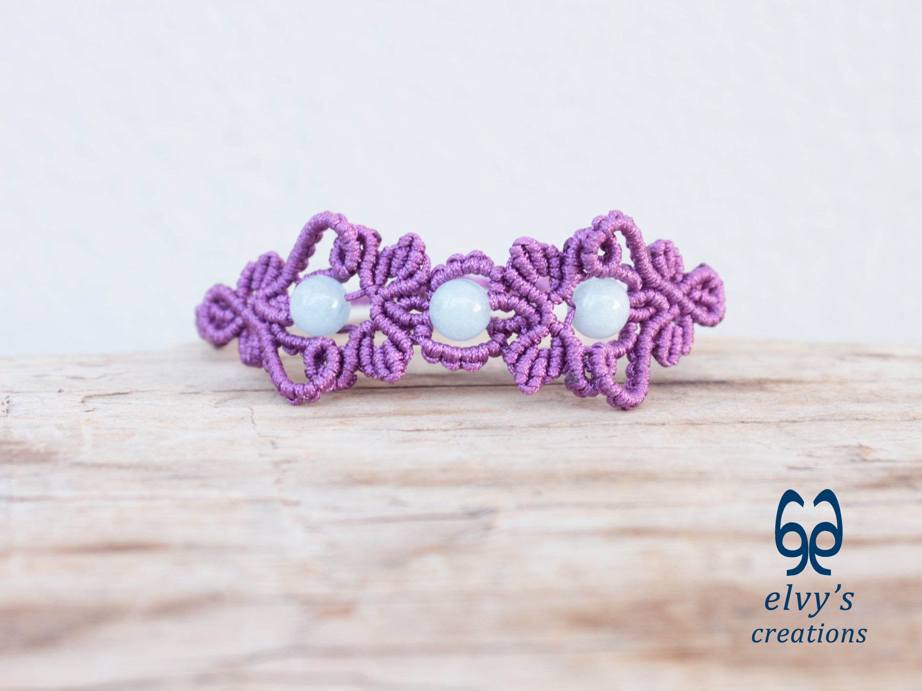 Handmade Purple Macrame Bracelet with Aquamarine Gemstones Cuff Bracelet