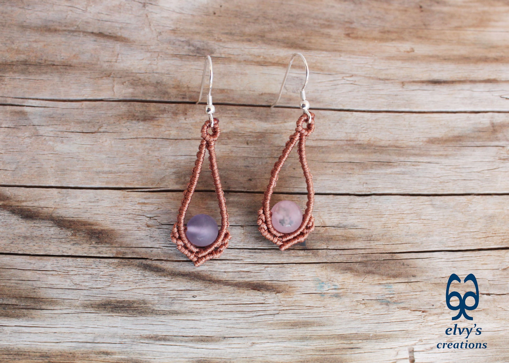Handmade Bronze Macrame Earrings Silver Earrings with Beryl Gemstones