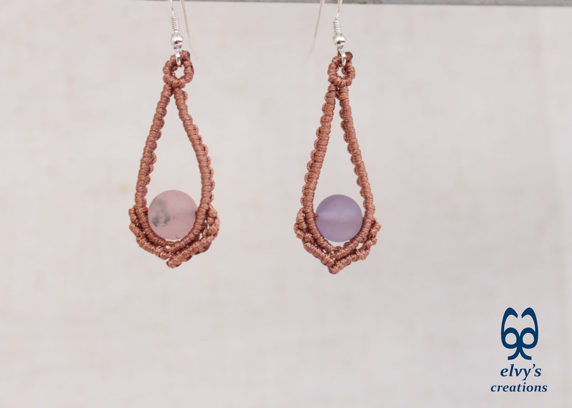 Handmade Bronze Macrame Earrings Silver Earrings with Beryl Gemstones