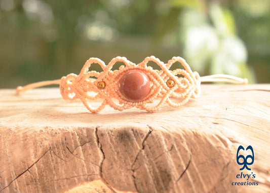 Handmade Beige Macrame Bracelet with Sandstone Gemstone Adjustable Cuff