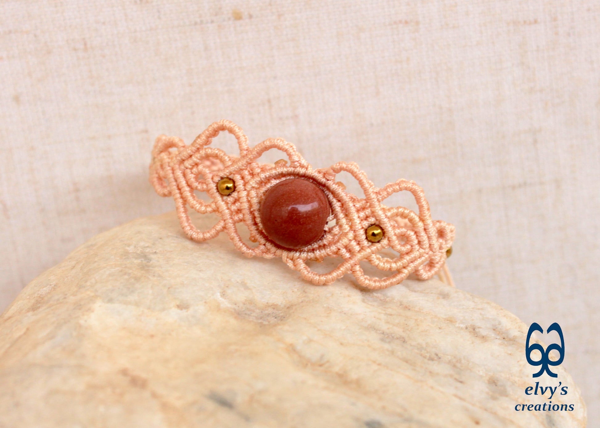 Handmade Beige Macrame Bracelet with Sandstone Gemstone Adjustable Cuff