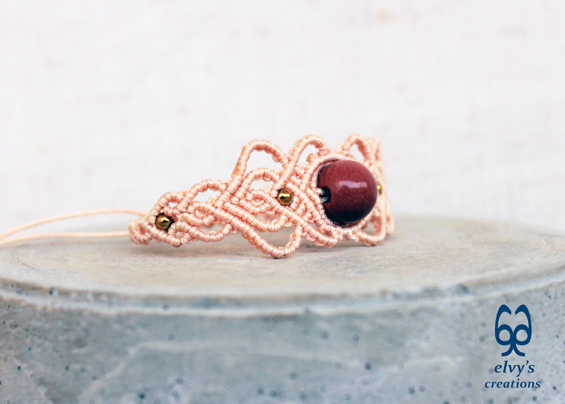 Handmade Beige Macrame Bracelet with Sandstone Gemstone Adjustable Cuff