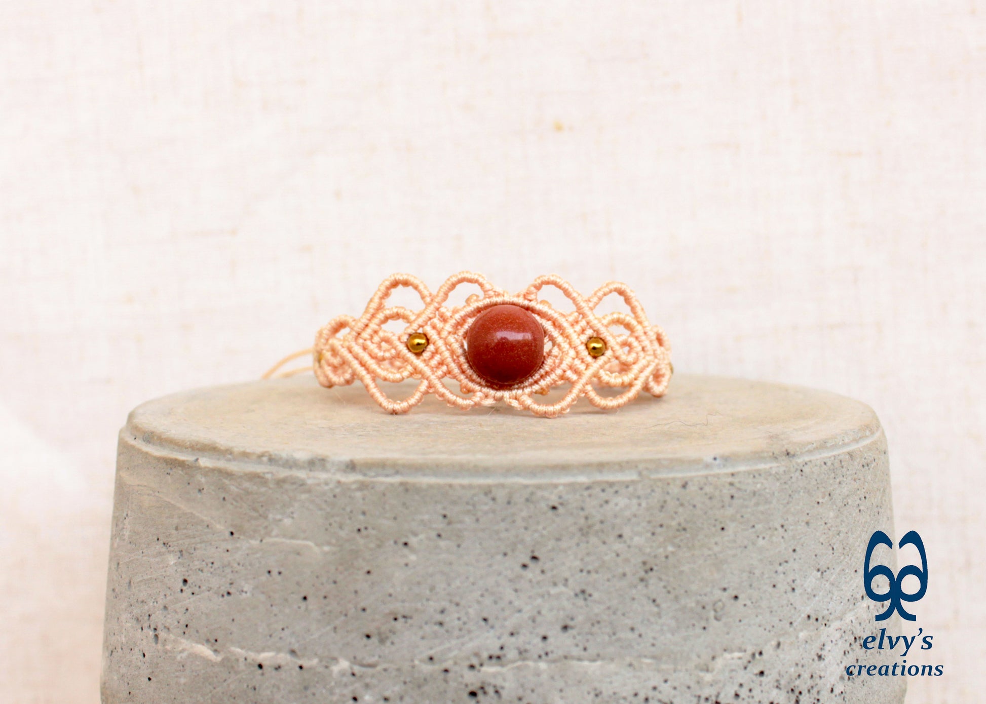 Handmade Beige Macrame Bracelet with Sandstone Gemstone Adjustable Cuff