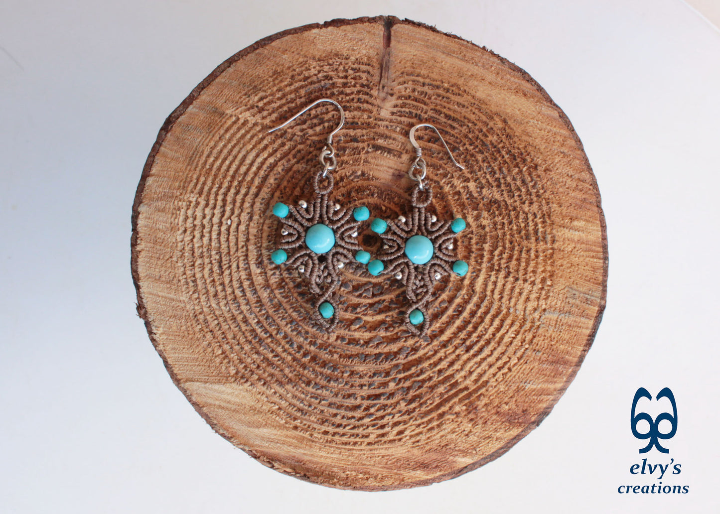 Handmade Beige Macrame Earrings Silver Dangle with Turquoise Gemstones