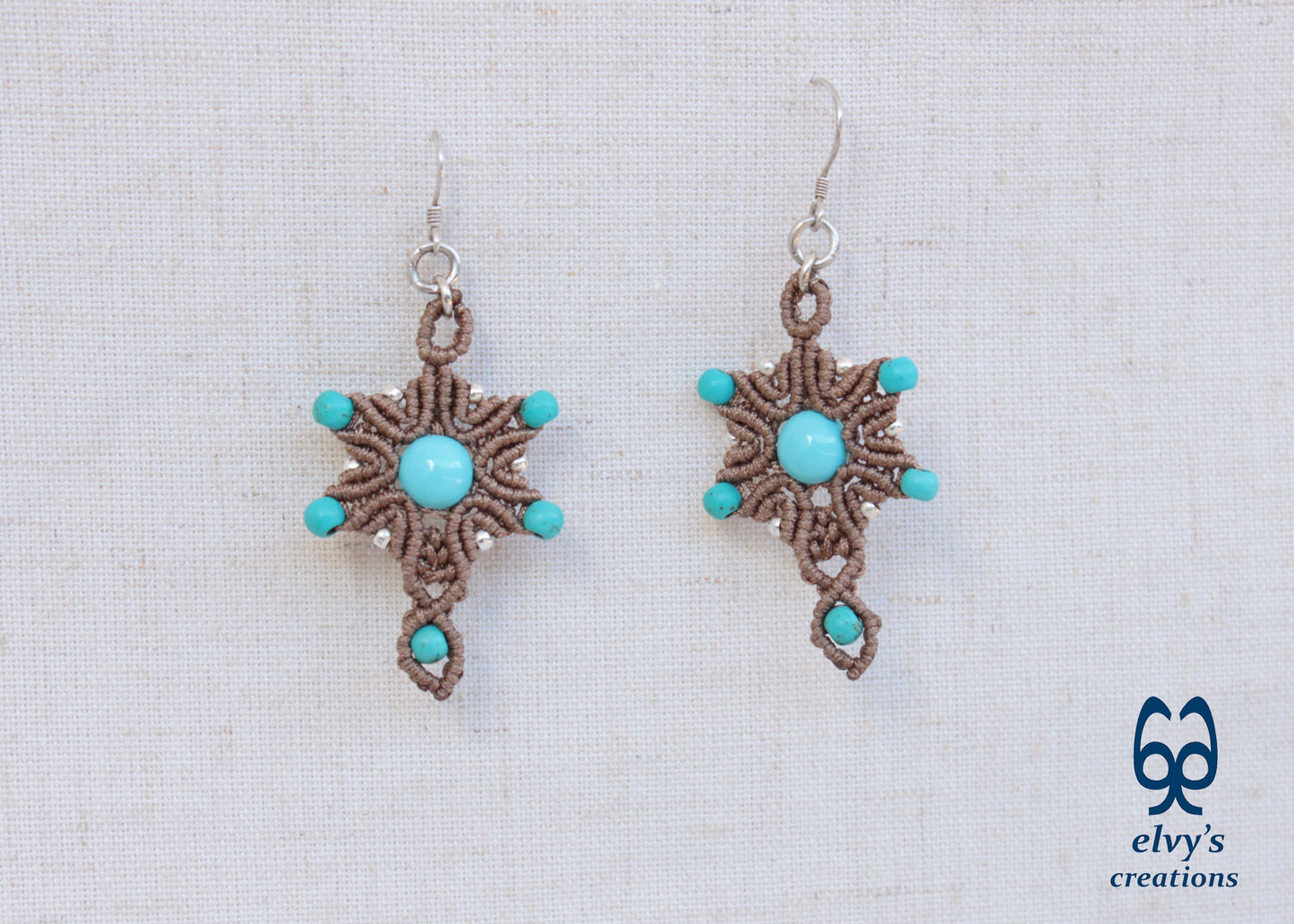 Handmade Beige Macrame Earrings Silver Dangle with Turquoise Gemstones