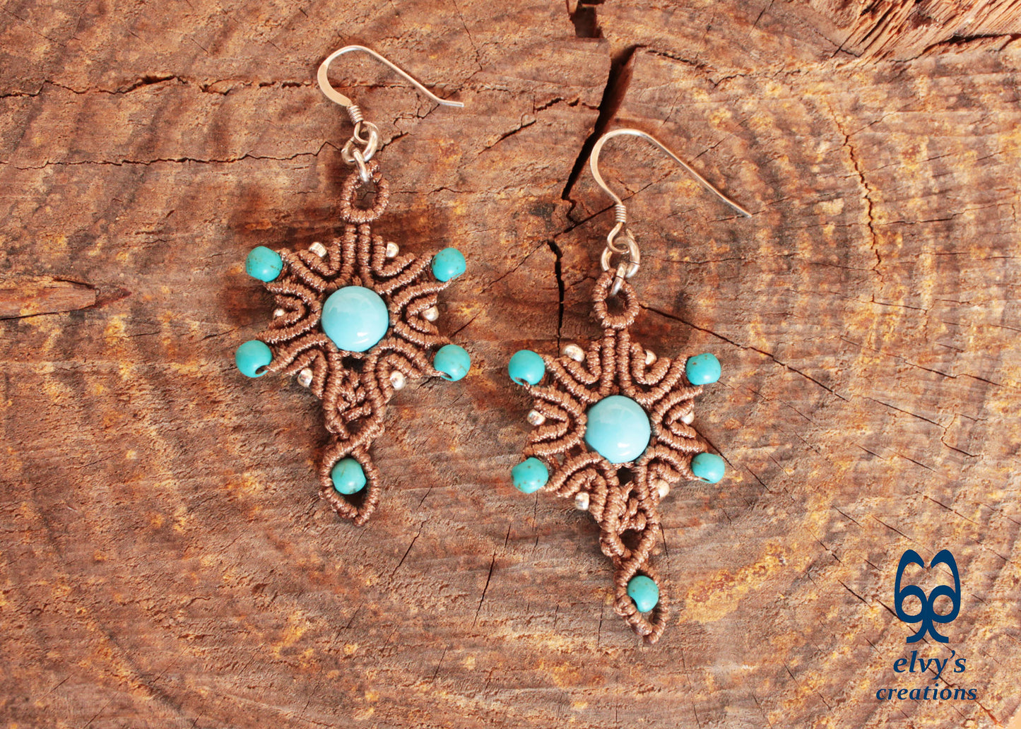 Handmade Beige Macrame Earrings Silver Dangle with Turquoise Gemstones