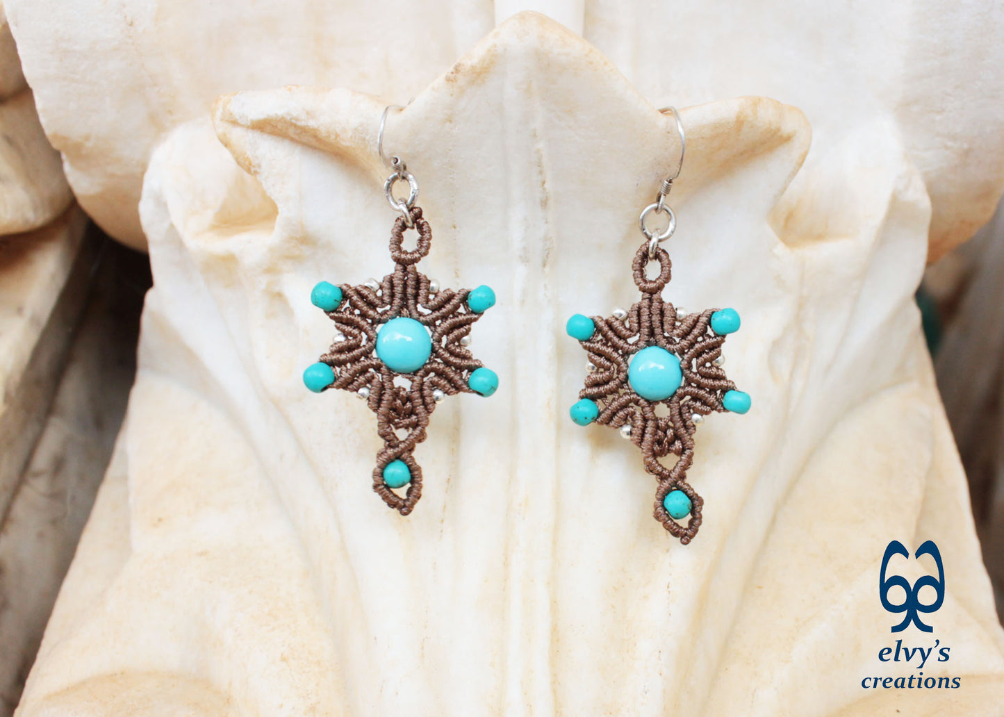 Handmade Beige Macrame Earrings Silver Dangle with Turquoise Gemstones