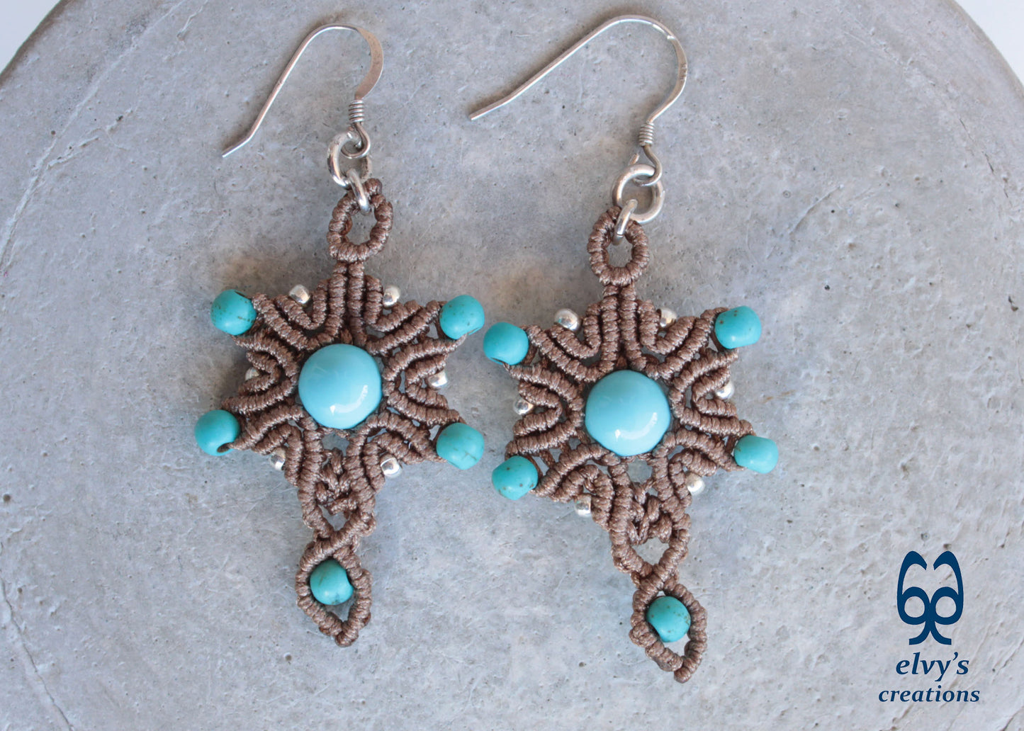 Handmade Beige Macrame Earrings Silver Dangle with Turquoise Gemstones