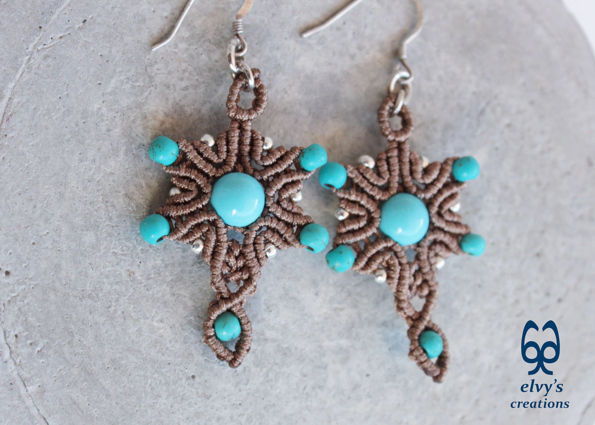 Handmade Beige Macrame Earrings Silver Dangle with Turquoise Gemstones