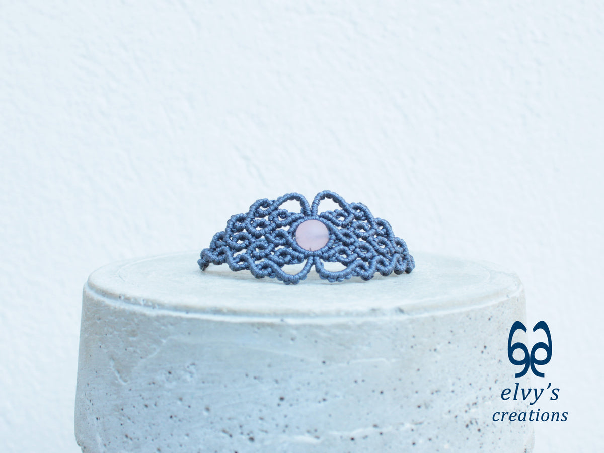 Handmade Blue Jeans Macrame Bracelet with Pink Beryl Gemstone, Cuff Bracelet with Crystal