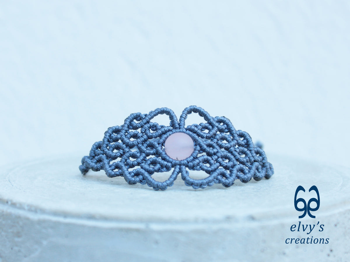 Handmade Blue Jeans Macrame Bracelet with Pink Beryl Gemstone, Cuff Bracelet with Crystal