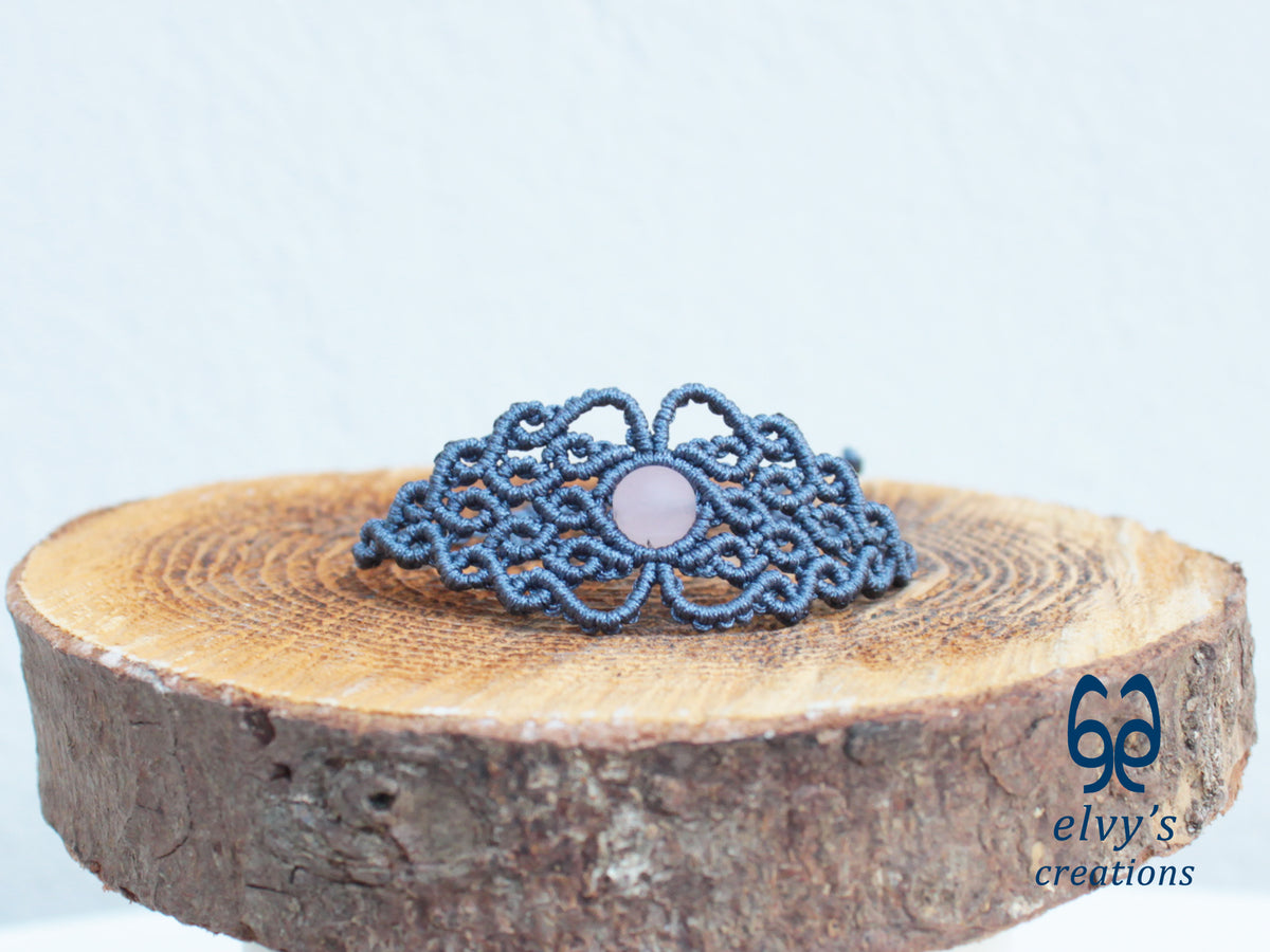Handmade Blue Jeans Macrame Bracelet with Pink Beryl Gemstone, Cuff Bracelet with Crystal