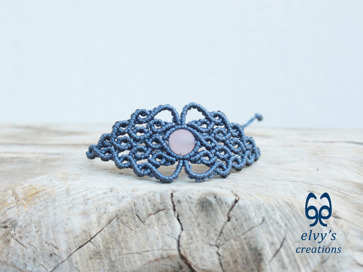 Handmade Blue Jeans Macrame Bracelet with Pink Beryl Gemstone, Cuff Bracelet with Crystal