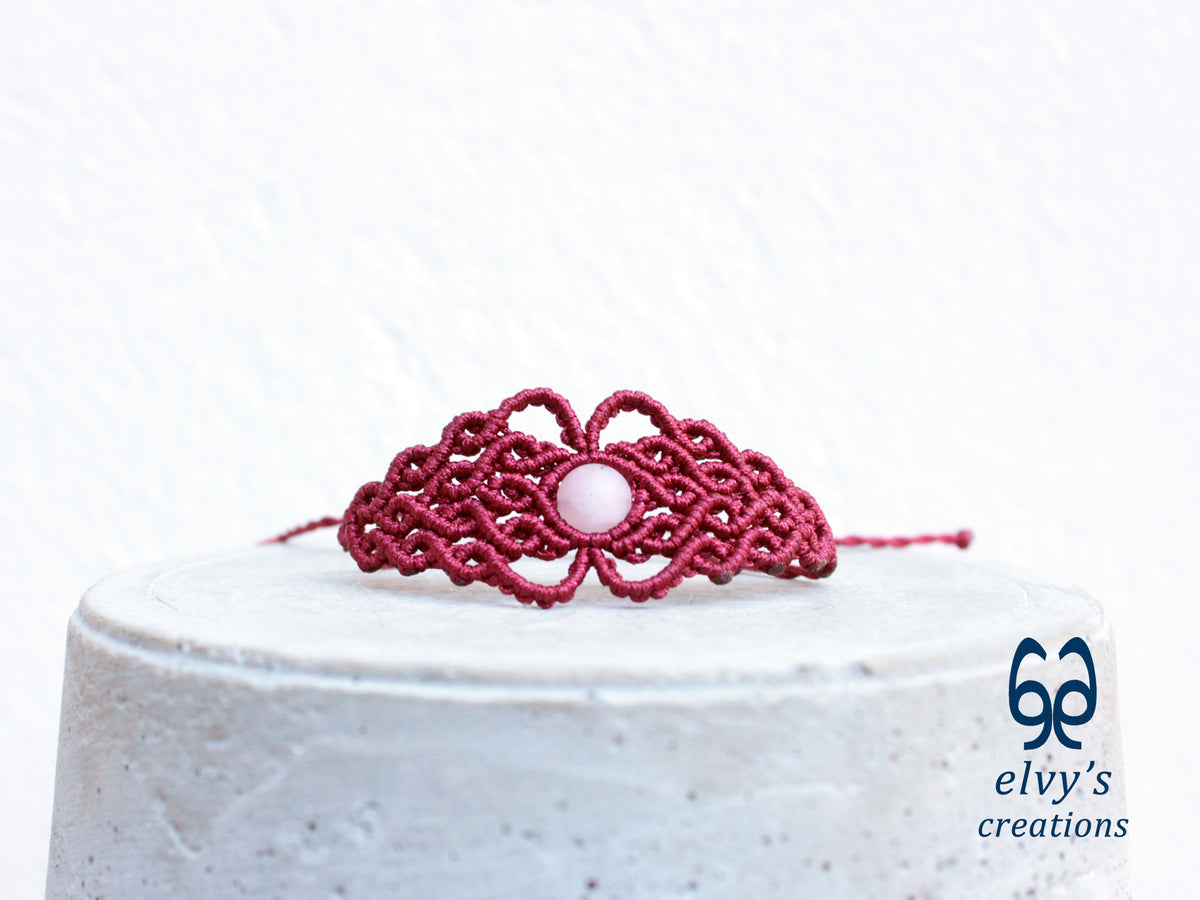 Handmade Red Macrame Bracelet with Pink Beryl Gemstone