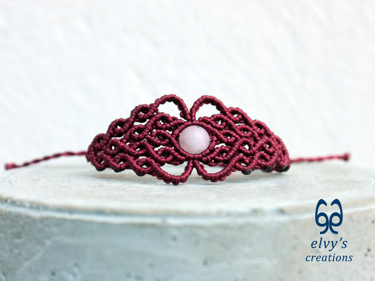 Handmade Red Macrame Bracelet with Pink Beryl Gemstone