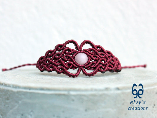 Handmade Red Macrame Bracelet with Pink Beryl Gemstone