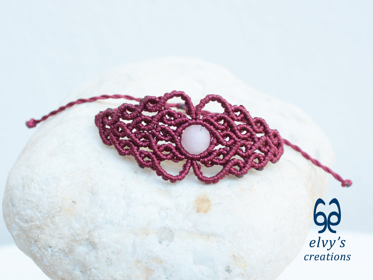 Handmade Red Macrame Bracelet with Pink Beryl Gemstone