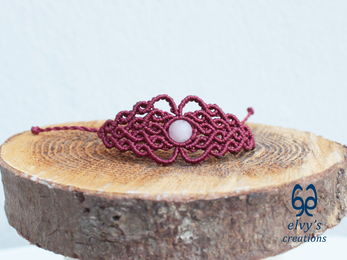 Handmade Red Macrame Bracelet with Pink Beryl Gemstone