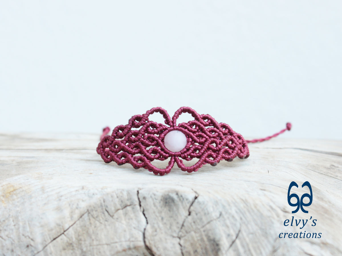 Handmade Red Macrame Bracelet with Pink Beryl Gemstone