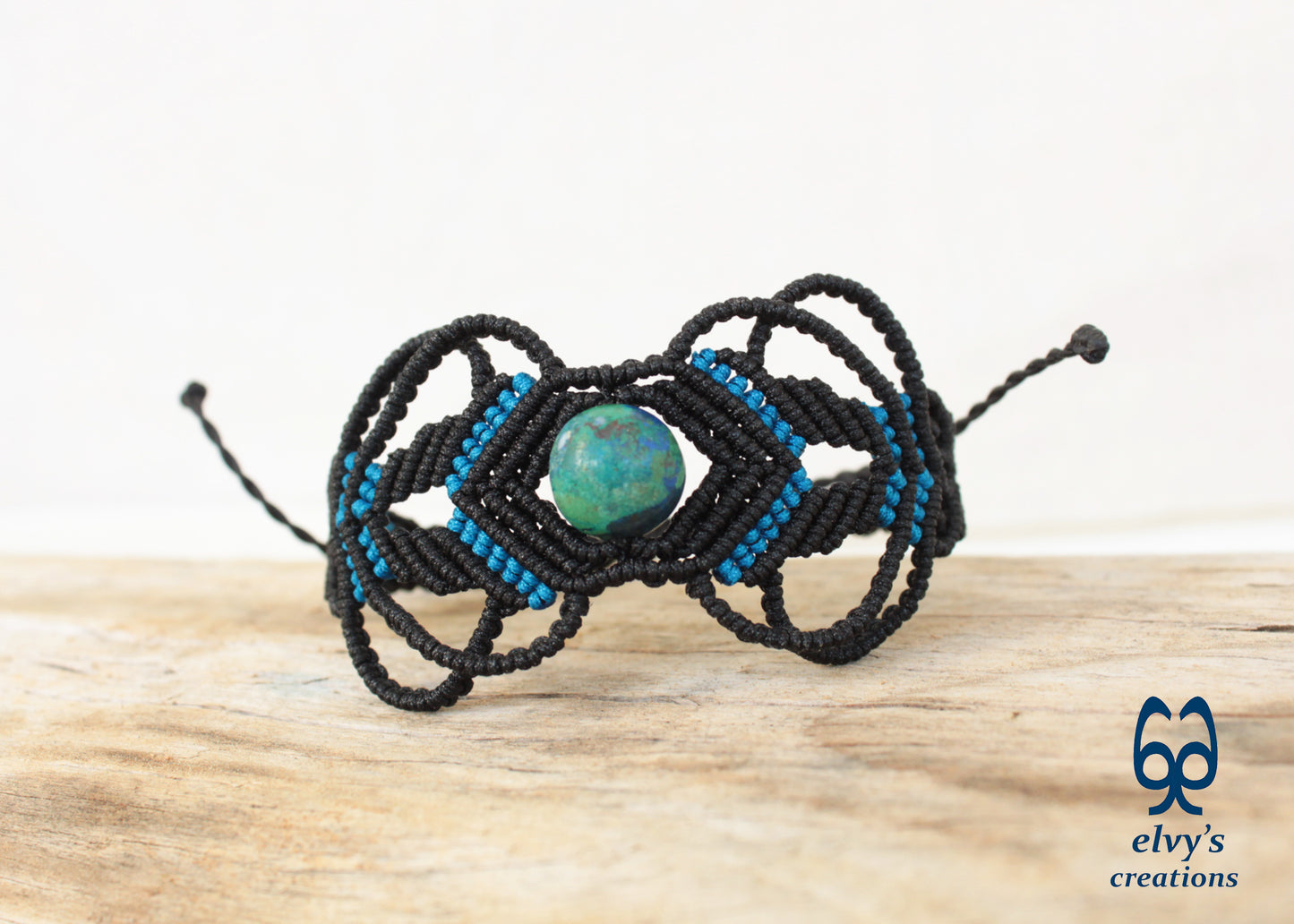 Black Macrame Bracelet with Blue Azurite Gemstone Boho Macrame Adjustable Bracelet