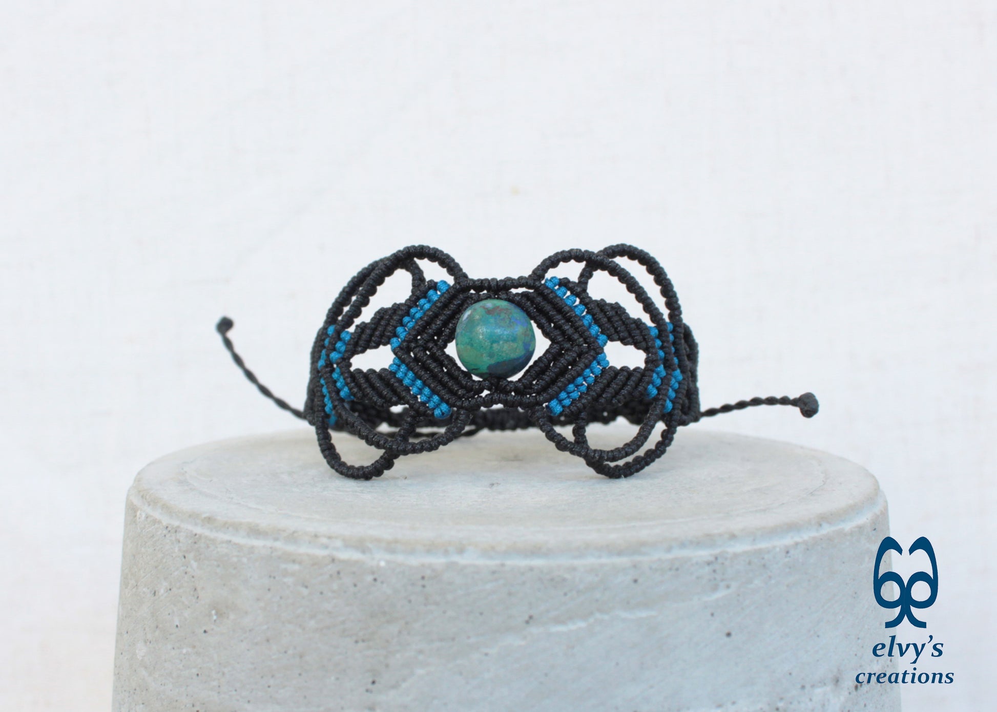 Black Macrame Bracelet with Blue Azurite Gemstone Boho Macrame Adjustable Bracelet