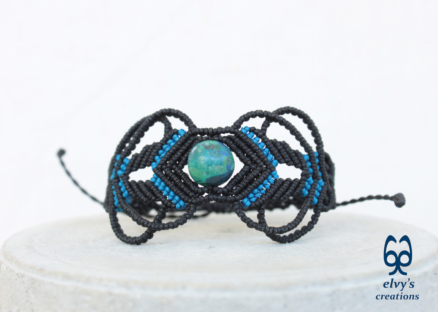 Black Macrame Bracelet with Blue Azurite Gemstone Boho Macrame Adjustable Bracelet