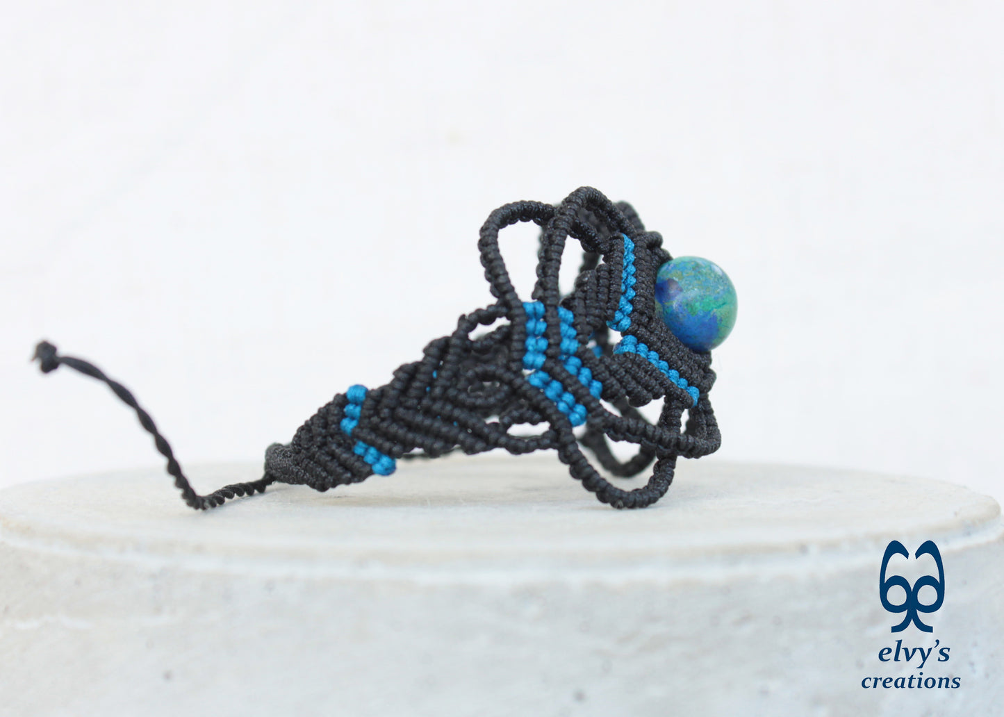 Black Macrame Bracelet with Blue Azurite Gemstone Boho Macrame Adjustable Bracelet