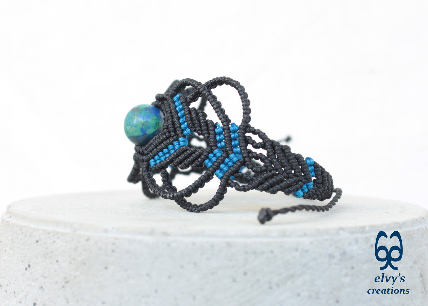 Black Macrame Bracelet with Blue Azurite Gemstone Boho Macrame Adjustable Bracelet